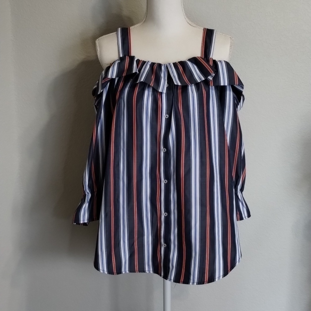 Janet Chung Blue Red White Striped Size Large Button down open shoulder